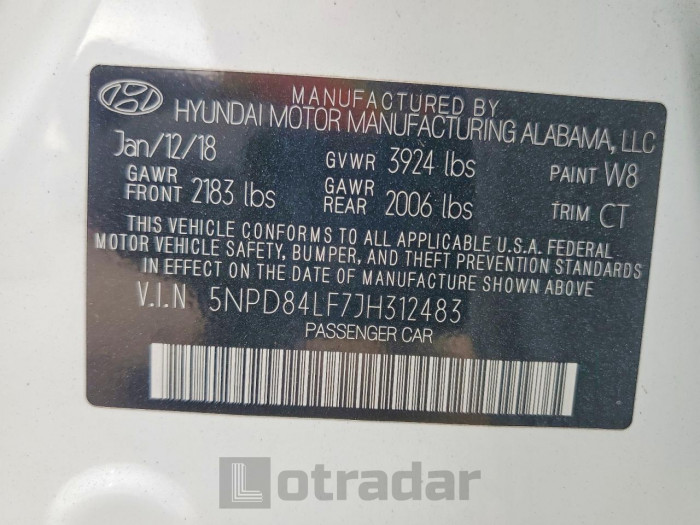 Hyundai Elantra 2018 VIN 5NPD84LF7JH312483