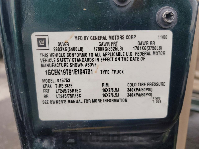 Chevrolet All models 2001 VIN 1GCEK19T91E194731