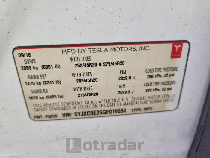 Tesla Model x 2016 VIN 5YJXCBE25GF019084