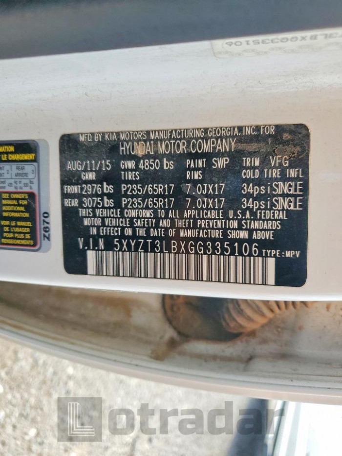 Hyundai Santa fe 2016 VIN 5XYZT3LBXGG335106