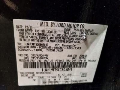 Lincoln Mks 2012 1LNHL9FT5CG805841