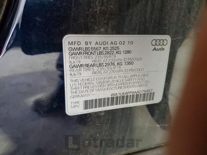 Audi Q5 2010 VIN WA1LKAFP8AA079487