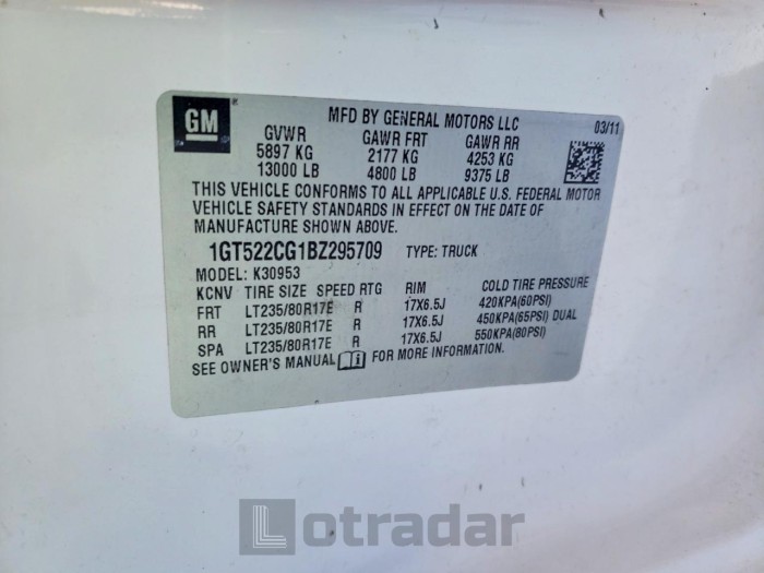 Gmc All models 2011 VIN 1GT522CG1BZ295709