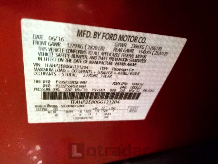 Ford Taurus 2016 VIN 1FAHP2E80GG131204