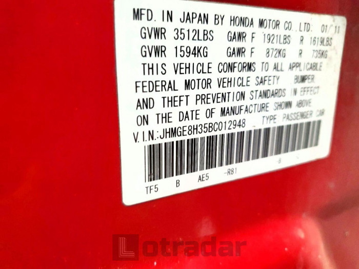Honda Fit 2011 VIN JHMGE8H35BC012948