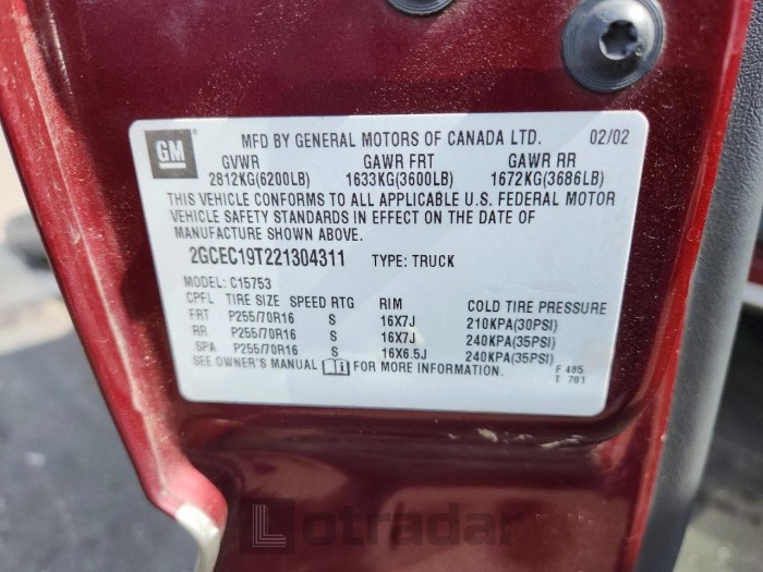 Chevrolet Silverado 2002 VIN 2GCEC19T221304311