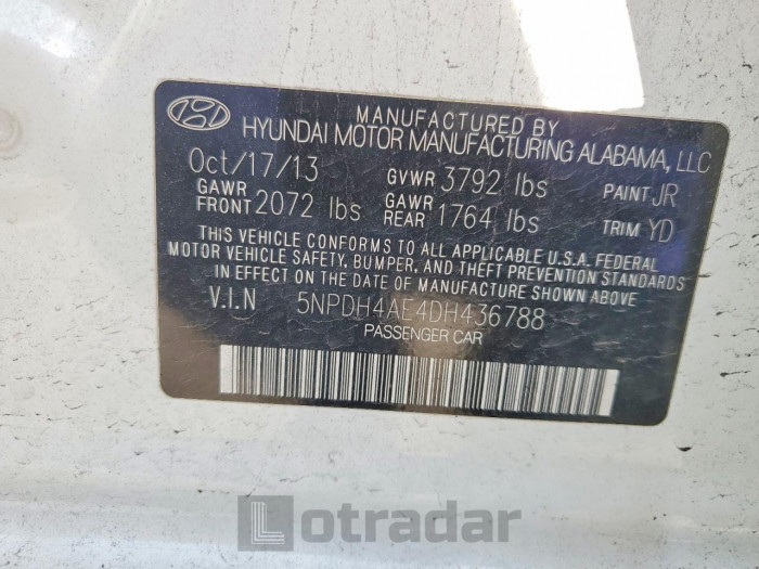 Hyundai Elantra 2013 VIN 5NPDH4AE4DH436788