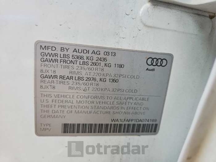 Audi Q5 2013 VIN WA1LFAFP1DA074169
