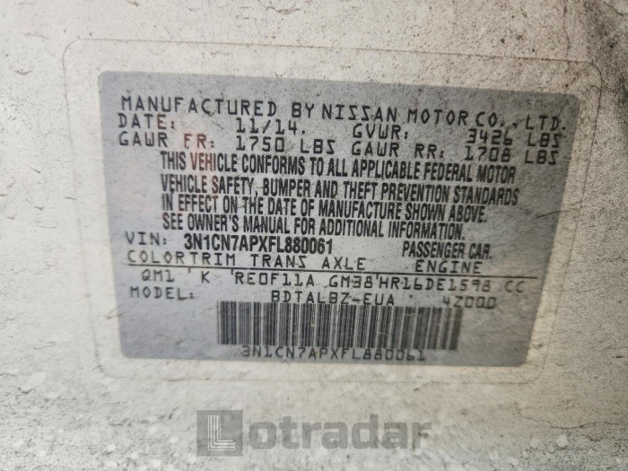 Nissan Versa 2015 VIN 3N1CN7APXFL880061