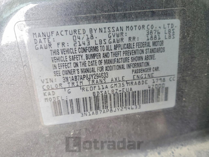 Nissan Sentra 2018 VIN 3N1AB7AP8JY294633