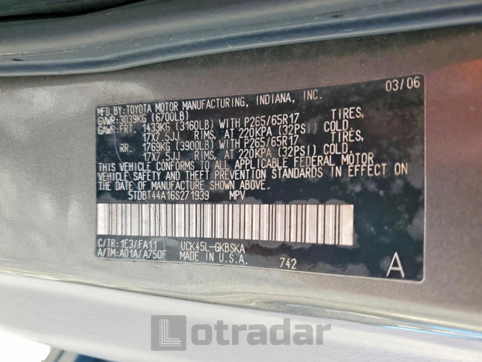 Toyota Sequoia 2006 VIN 5TDBT44A16S271939