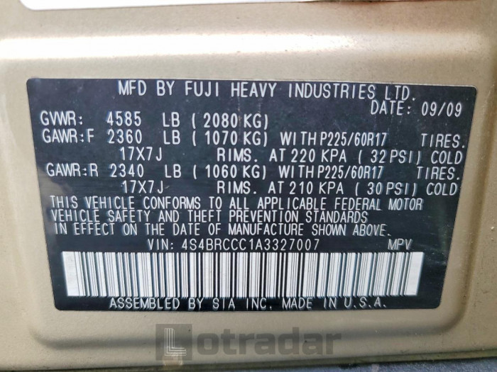 Subaru Outback 2010 VIN 4S4BRCCC1A3327007