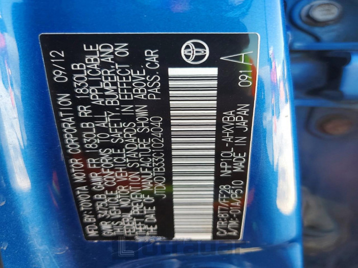 Toyota Prius c 2012 VIN JTDKDTB33C1024040