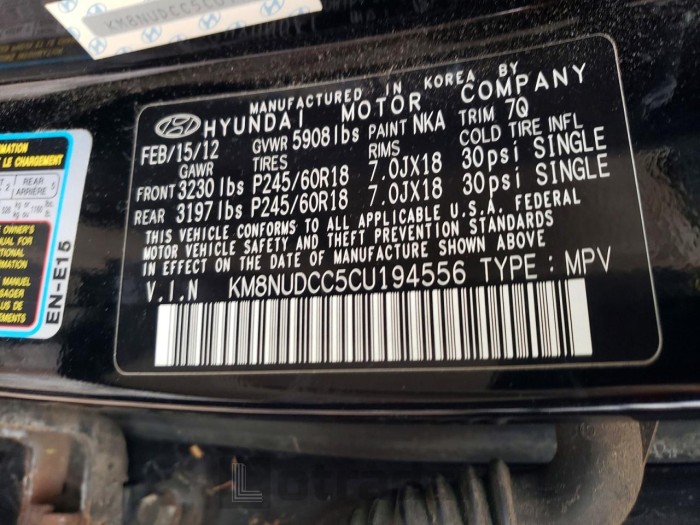 Hyundai Veracruz 2012 VIN KM8NUDCC5CU194556
