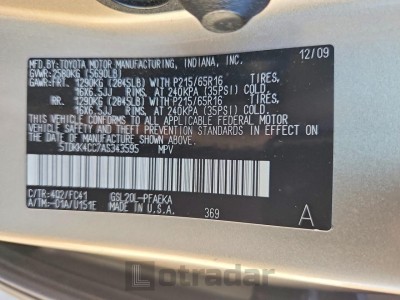 Toyota Sienna 2010 VIN 5TDKK4CC7AS343595