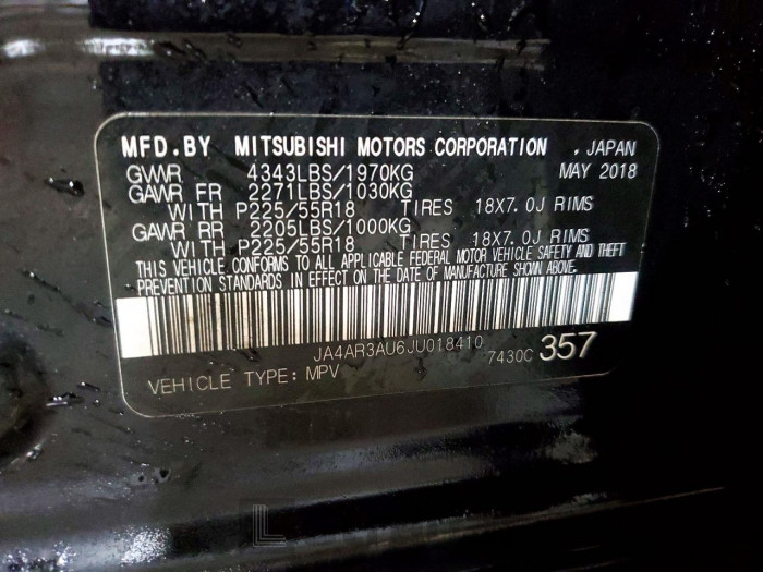 Mitsubishi Outlander 2018 VIN JA4AR3AU6JU018410