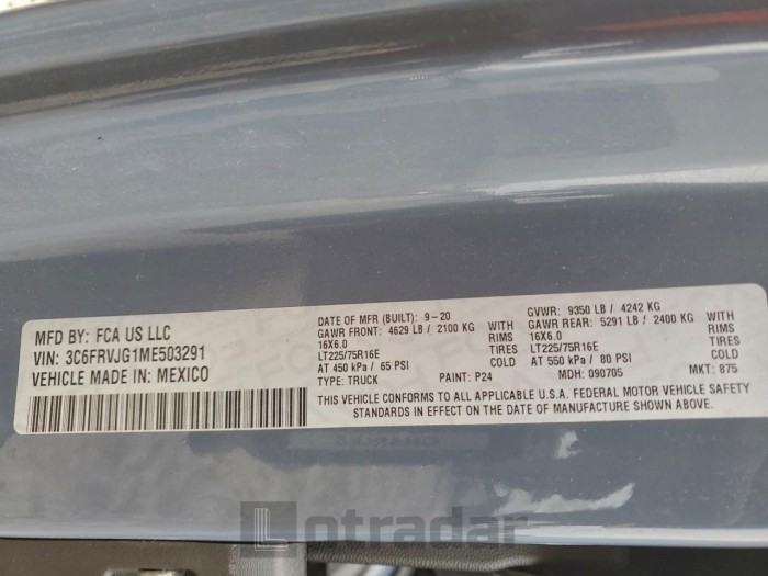 Ram All models 2021 VIN 3C6FRVJG1ME503291