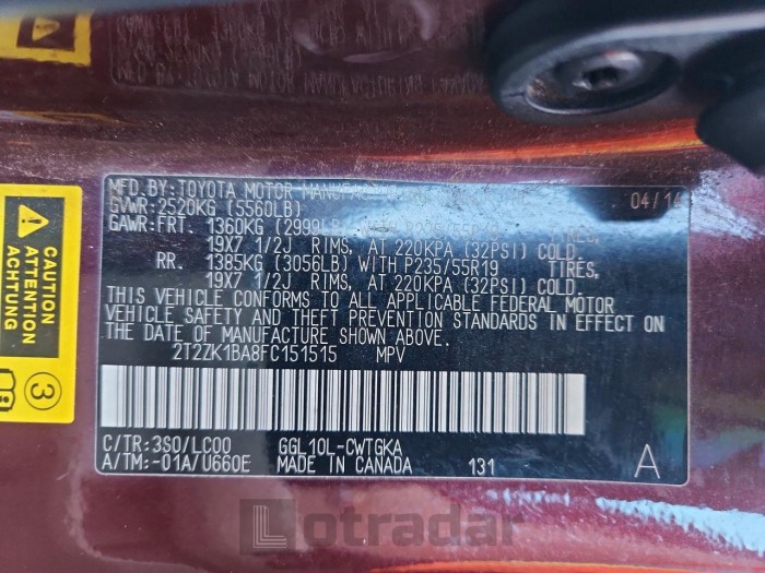 Lexus Rx350 2015 VIN 2T2ZK1BA8FC151515