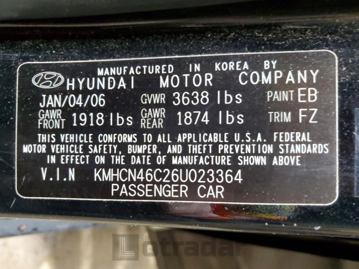 Hyundai Accent 2006 VIN KMHCN46C26U023364