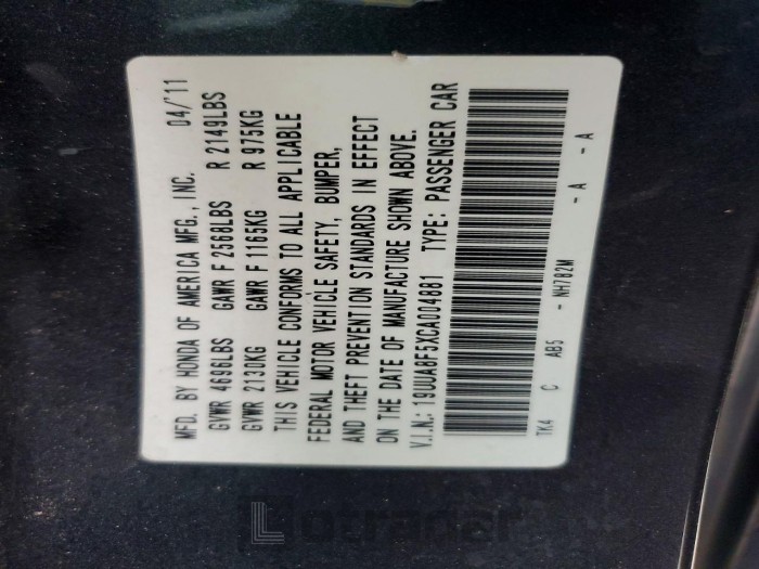 Acura Tl 2012 VIN 19UUA8F5XCA004881