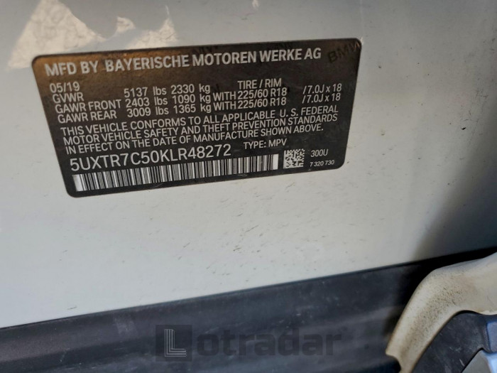 BMW X3 2019 VIN 5UXTR7C50KLR48272