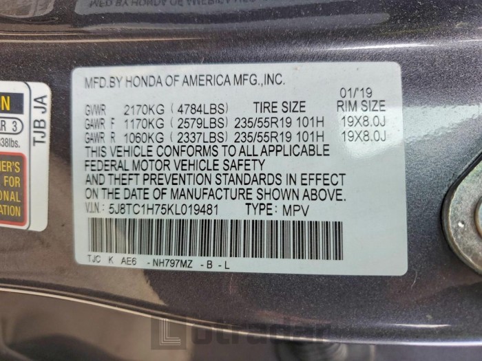 Acura Rdx 2019 VIN 5J8TC1H75KL019481
