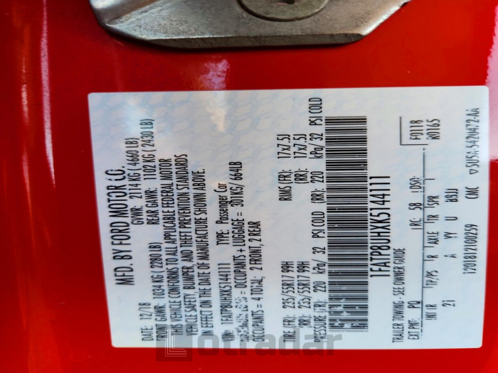 Ford All models 2019 VIN 1FATP8UHXK5144111
