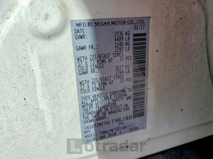 Nissan Rogue 2017 VIN 5N1AT2MT7HC796280