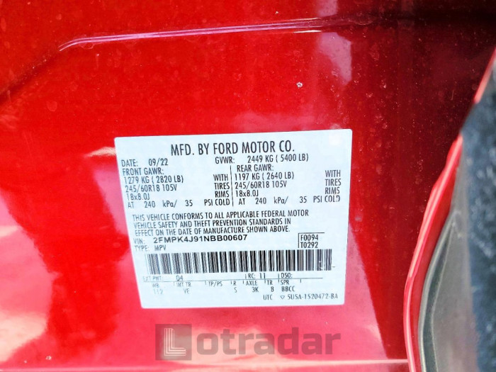 Ford Edge 2022 VIN 2FMPK4J91NBB00607