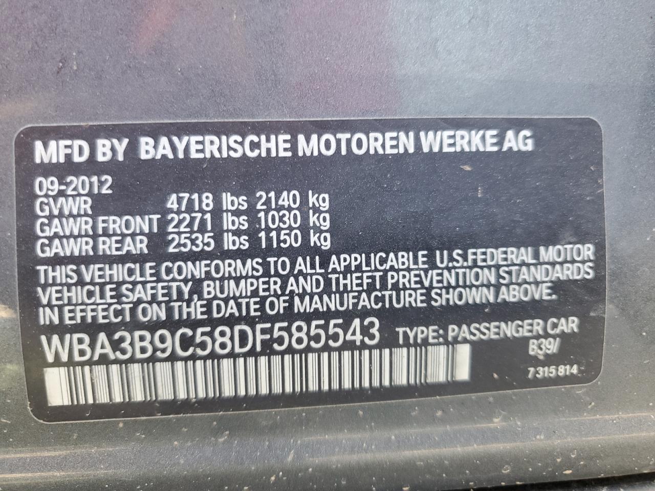 BMW 3 SERIES 2013 VIN WBA3B9C58DF585543 фото 12