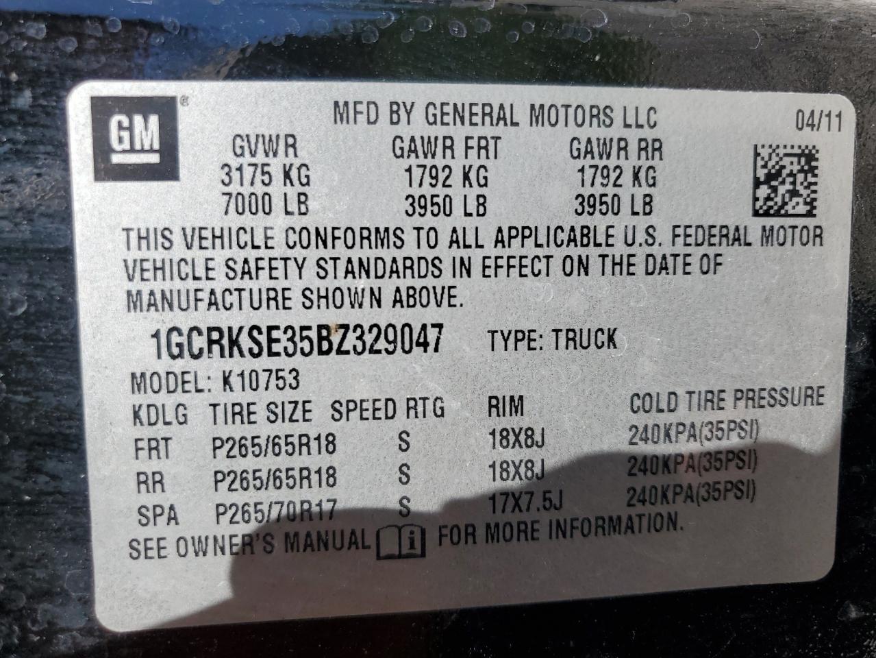 CHEVROLET ALL Models 2011 VIN 1GCRKSE35BZ329047 фото 13