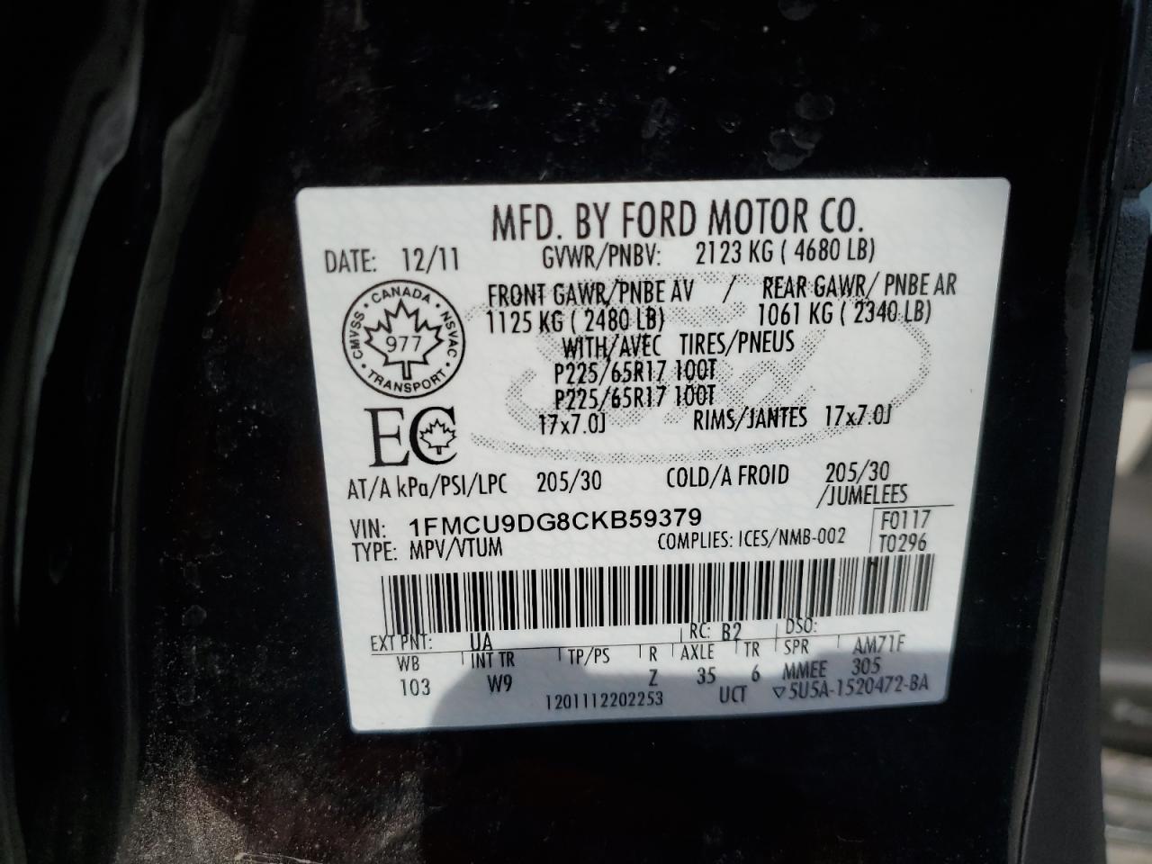 FORD ESCAPE 2012 VIN 1FMCU9DG8CKB59379 фото 13