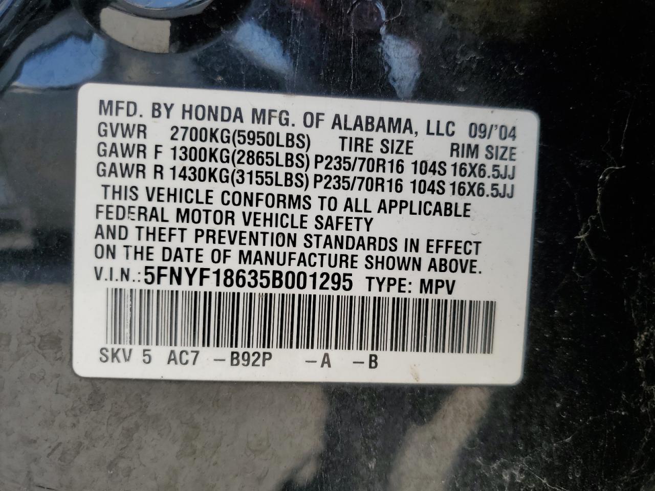 HONDA PILOT 2005 VIN 5FNYF18635B001295 фото 15