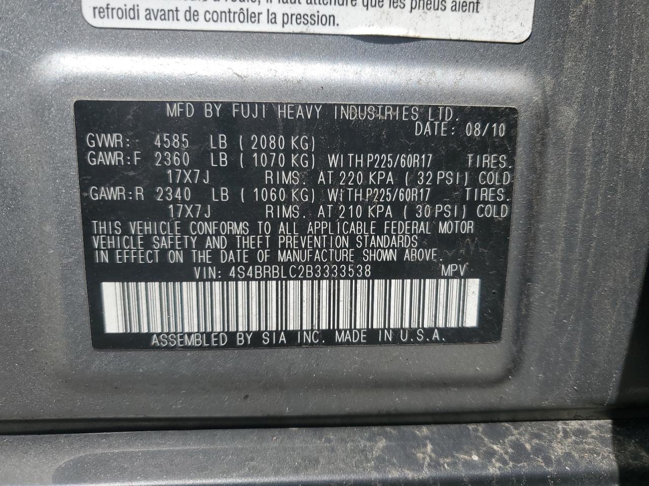SUBARU OUTBACK 2011 VIN 4S4BRBLC2B3333538 фото 13