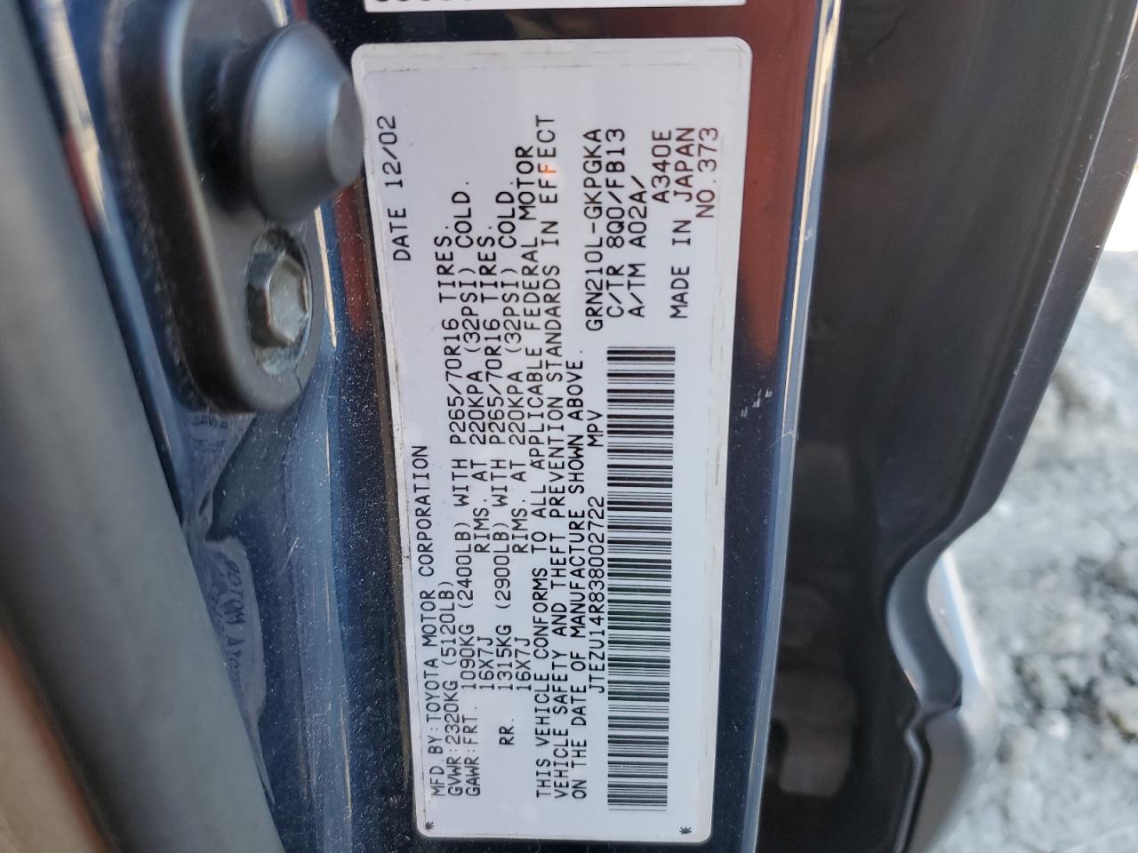 TOYOTA 4RUNNER 2003 VIN JTEZU14R838002722 фото 13