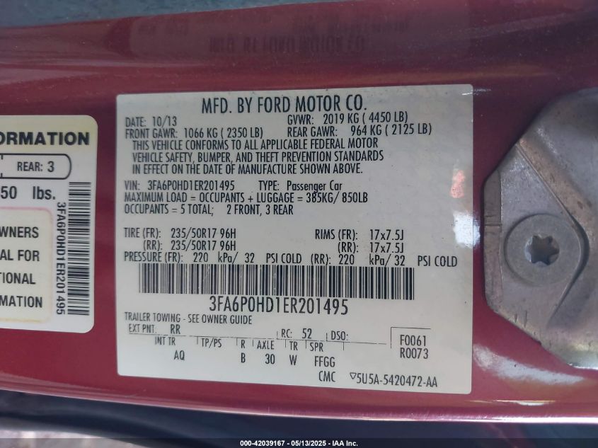 FORD FUSION 2014 VIN 3FA6P0HD1ER201495 фото 9