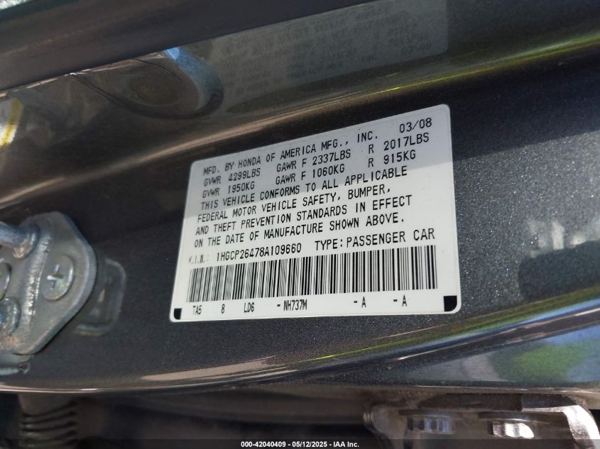 HONDA ACCORD 2008 VIN 1HGCP26478A109660 фото 9