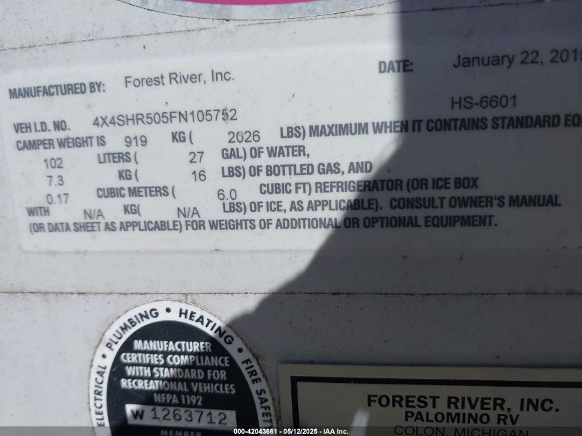 PALOMINO OTHER 2015 VIN 4X4SHR505FN105752 фото 9