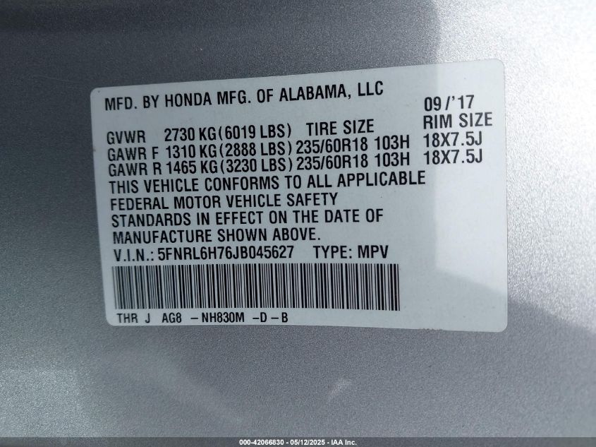 HONDA ODYSSEY 2018 VIN 5FNRL6H76JB045627 фото 9