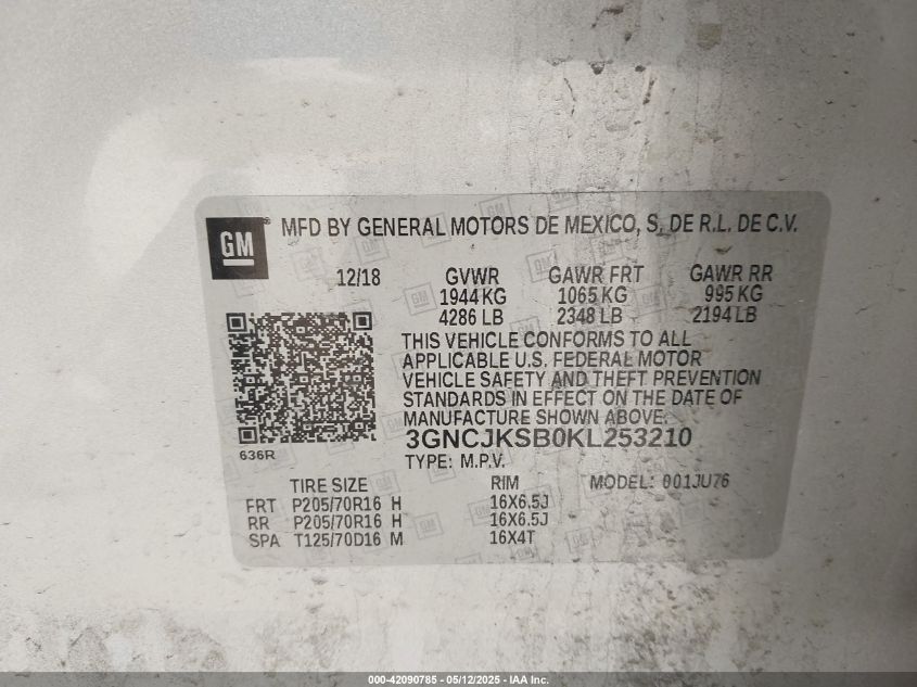 CHEVROLET TRAX 2019 VIN 3GNCJKSB0KL253210 фото 9