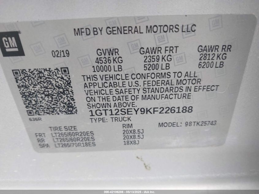GMC SIERRA 2019 VIN 1GT12SEY9KF226188 фото 9