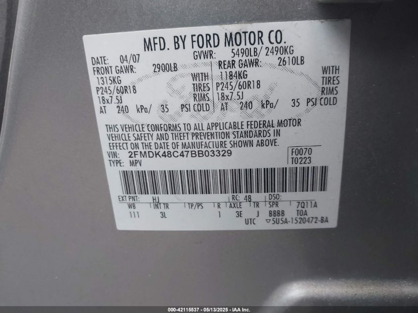 FORD EDGE 2007 VIN 2FMDK48C47BB03329 фото 9