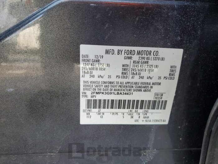 Ford Edge 2020 VIN 2FMPK3G91LBA34431