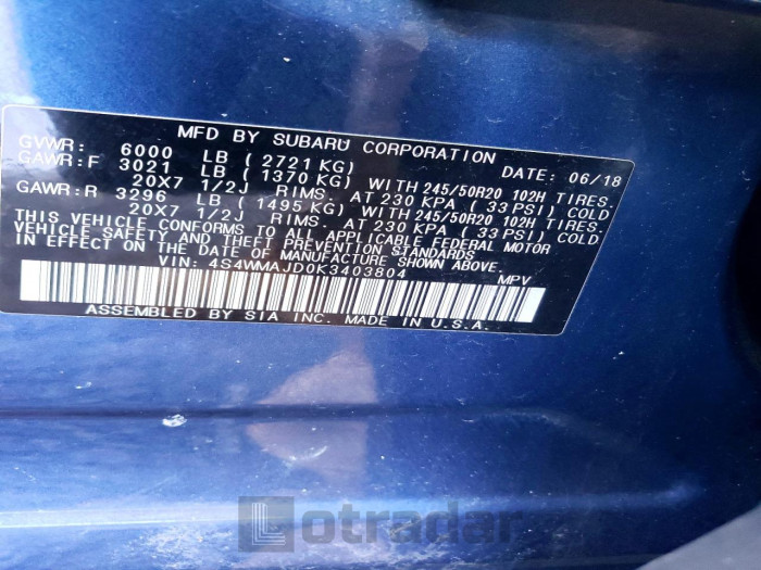 Subaru Ascent 2019 VIN 4S4WMAJD0K3403804