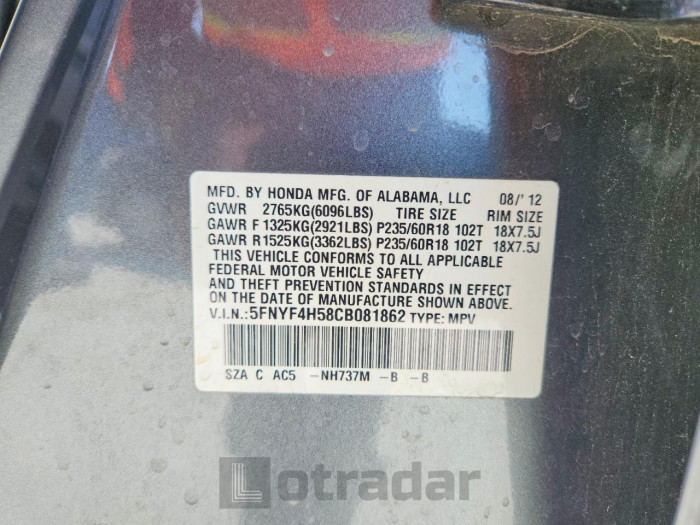 Honda Pilot 2012 VIN 5FNYF4H58CB081862