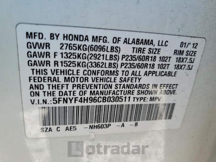 Honda Pilot 2012 VIN 5FNYF4H96CB030511