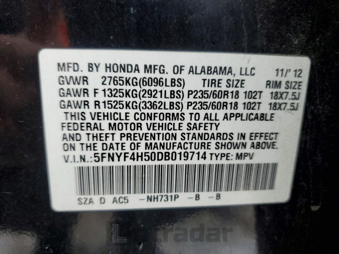 Honda Pilot 2013 VIN 5FNYF4H50DB019714