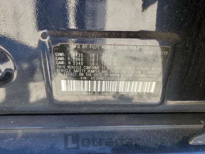 Subaru LEGACY 2013 VIN 4S3BMCC65D3028072