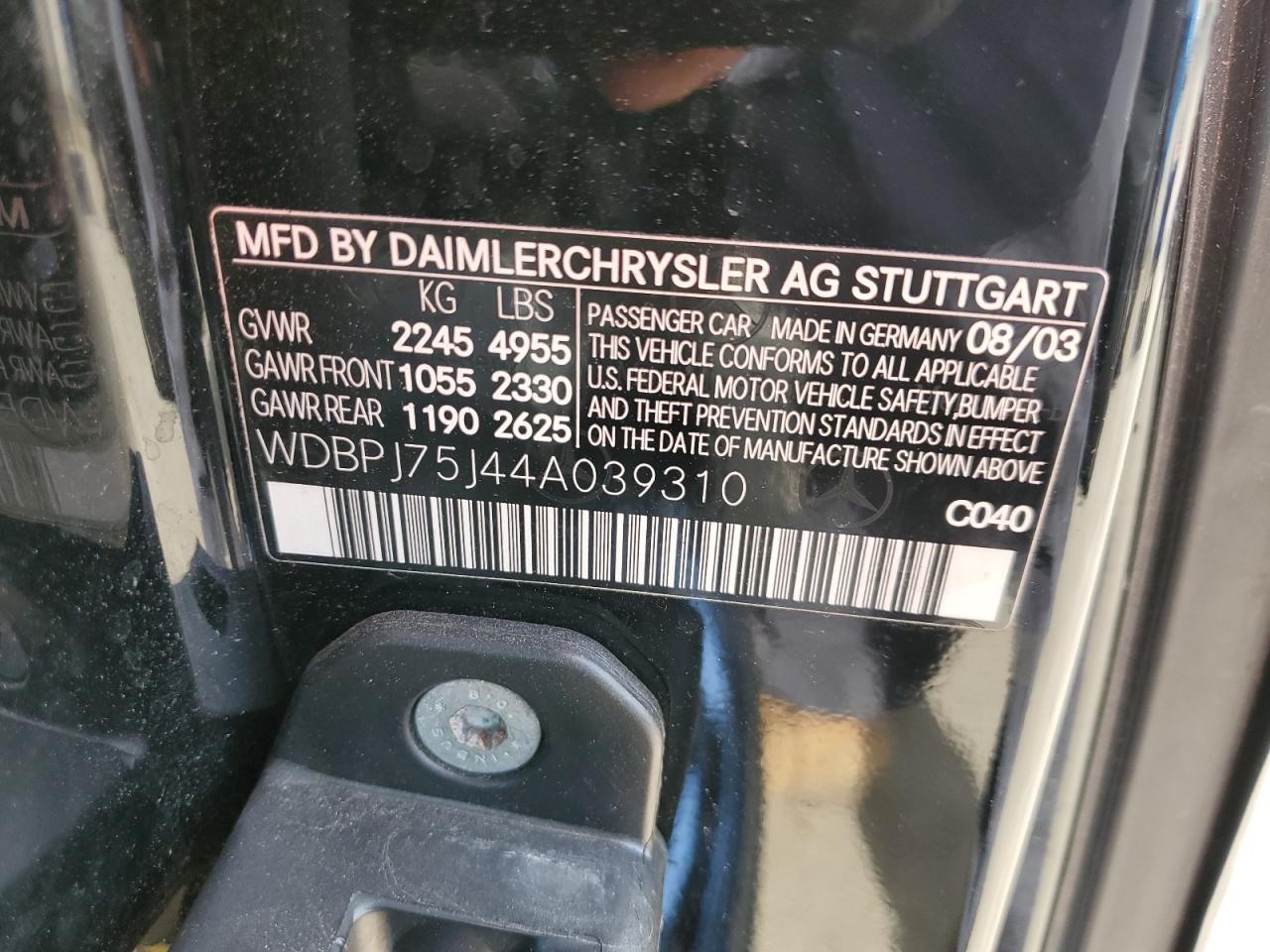 MERCEDES-BENZ CL-CLASS 2004 VIN WDBPJ75J44A039310 фото 12