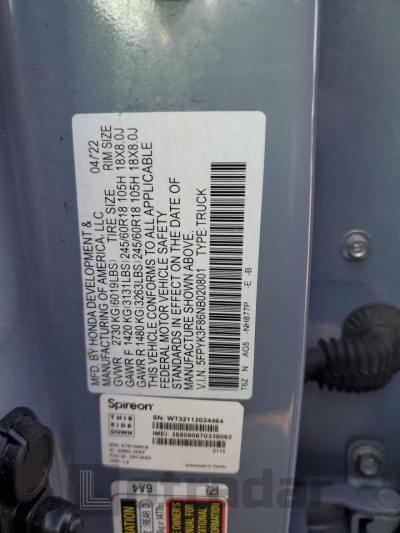 Honda Ridgeline 2022 VIN 5FPYK3F86NB020801